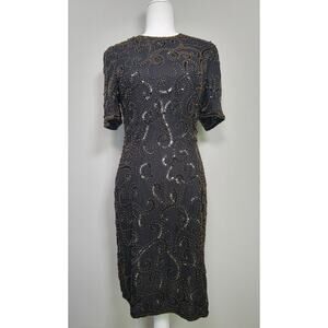 Royal Feelings Womens M Black Silk Sequin Beaded Short Sleeve Midi Dress